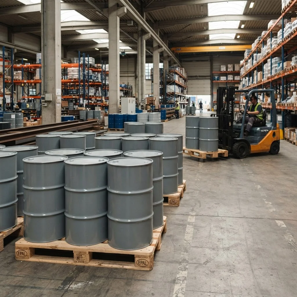 Warehouse operative inspecting RAL 7040 painted steel industrial honey drums on a pallet