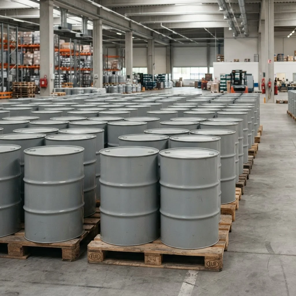 Rows of RAL 7040 painted steel industrial honey drums stacked on wooden pallets in a warehouse
