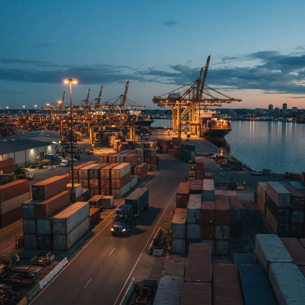 International freight port at dusk with stacked shipping containers, a cargo truck and gantry cranes