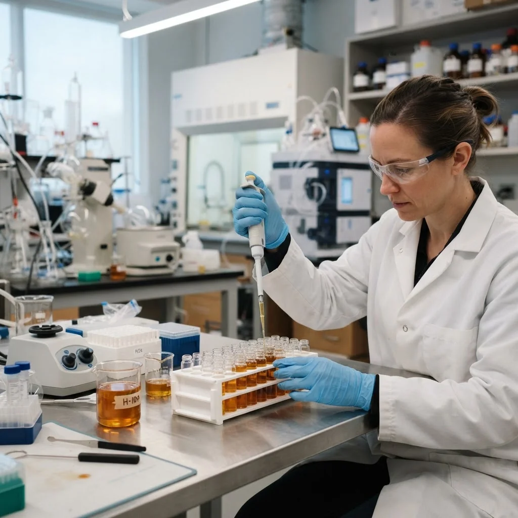 Technician sampling honey into glass vials during independent laboratory analysis