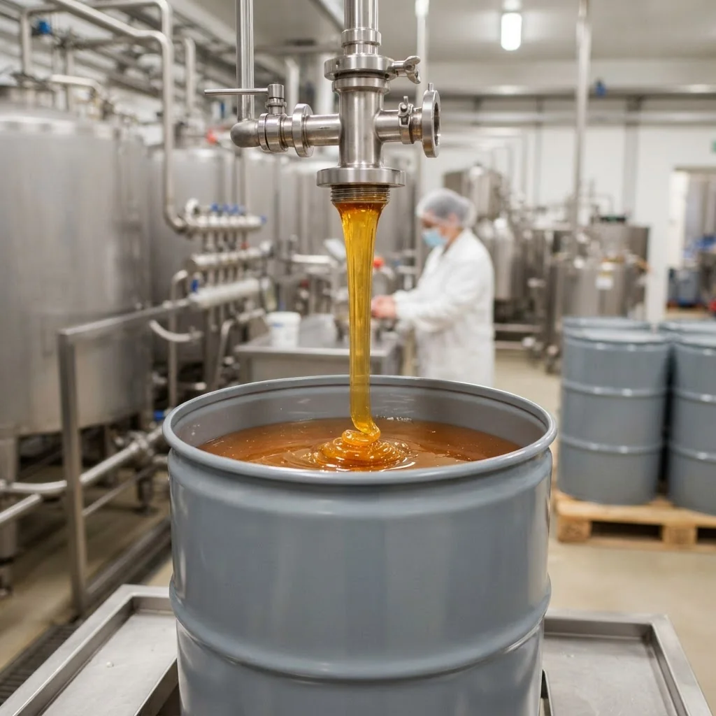 Golden honey being pumped and filtered into an industrial steel drum in a honey-processing facility
